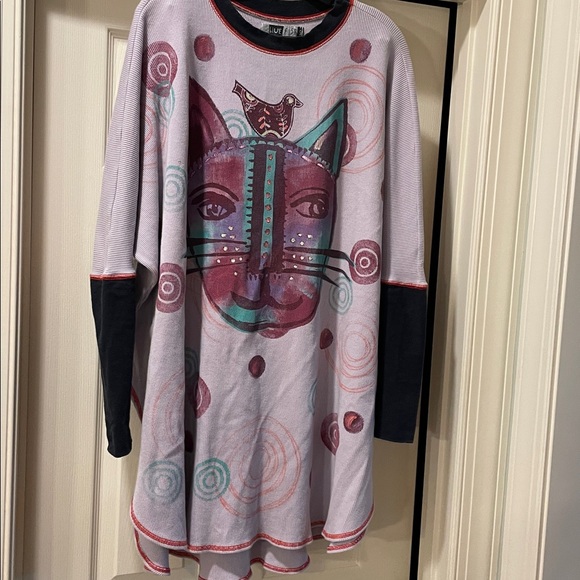 Blue Fish hand painted Cat & bird waffle knit tunic - lilac color. One size - Picture 4 of 5